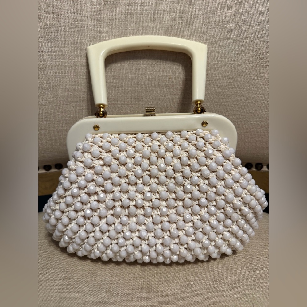 Vintage Ivory Beaded Top-Handle Women’s Evening Bag